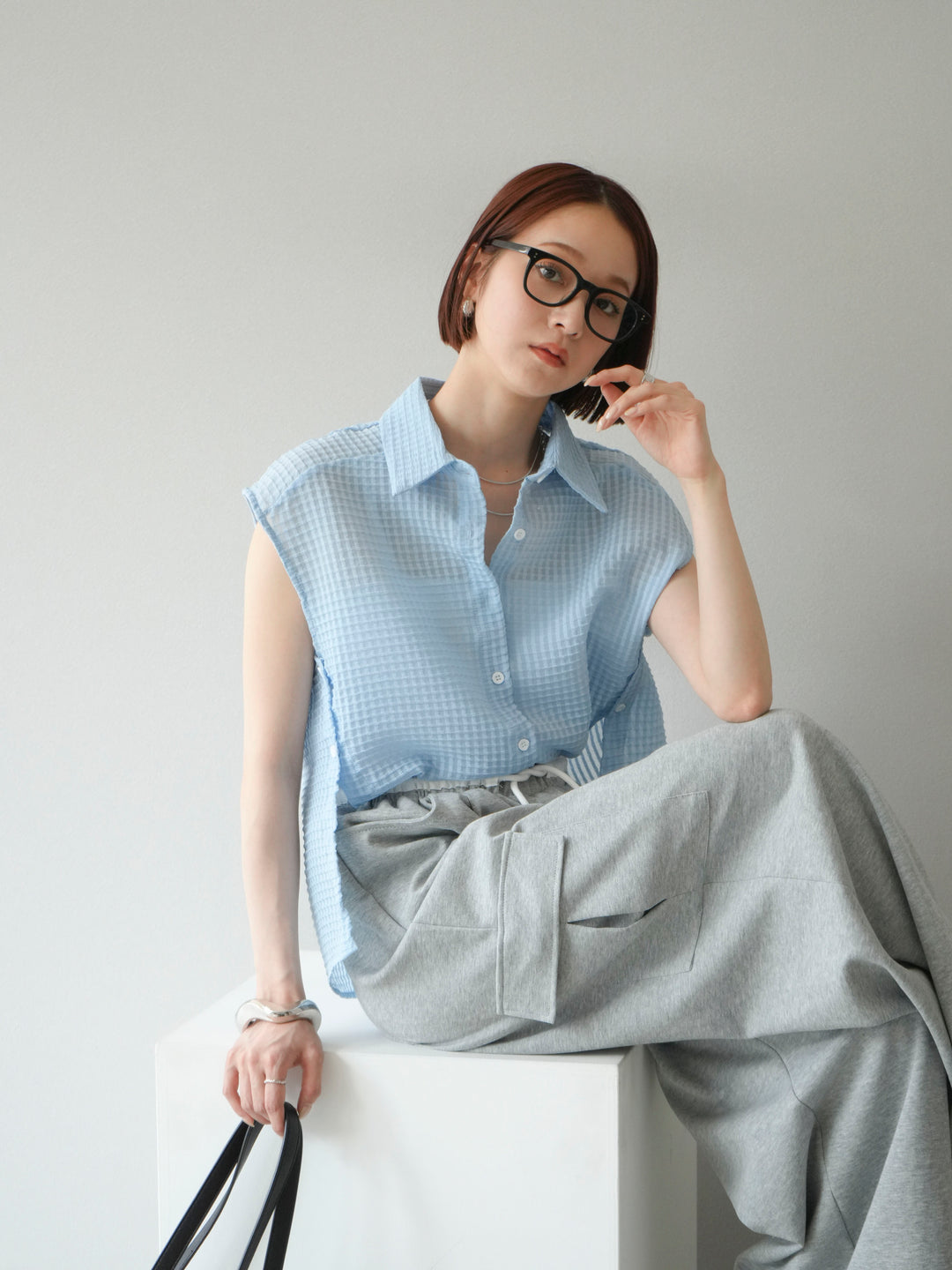 [SET]シアーチェックノースリーブシャツ+ウエストラインサイドポケットスウェットパンツ(2set)