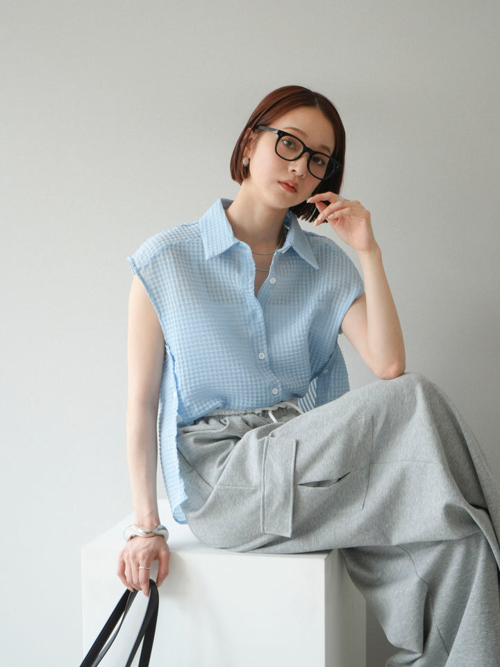 [SET]シアーチェックノースリーブシャツ+ウエストラインサイドポケットスウェットパンツ(2set)