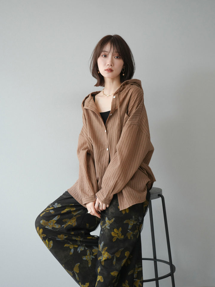 [予約]ワッシャーストライプフーディーシャツ/ブラウン