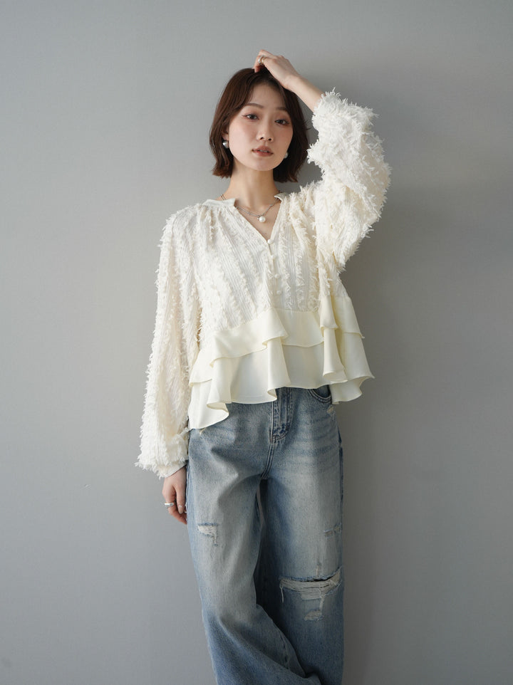 [予約]ジャガードぺプラムフリルブラウス/ivory