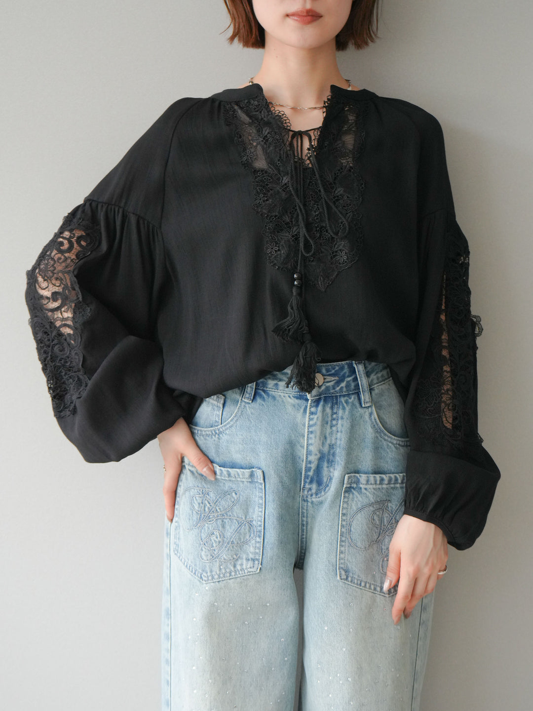 [予約]レーススリーブスキッパーブラウス/black