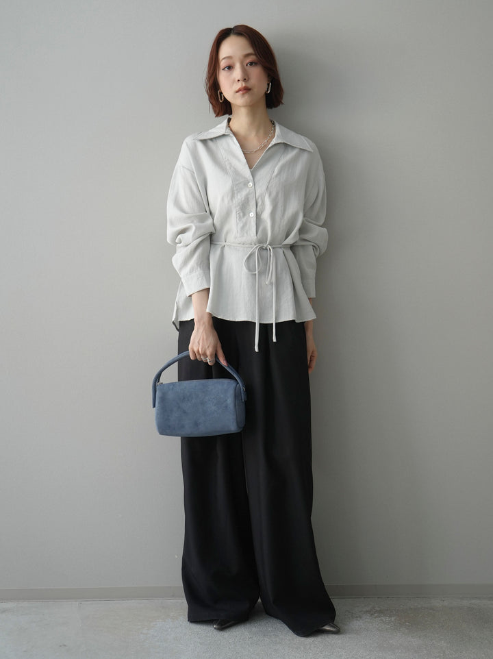 [SET]Vネック変形ラインシャツ+ベルト付キーホルダーモチーフワイドパンツ(2set)