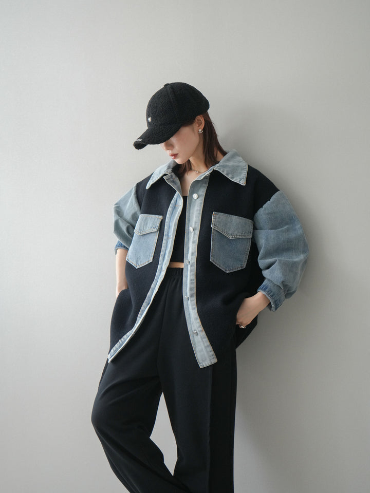 [予約]デニム襟ダブルフェイスニットカーディガン/black