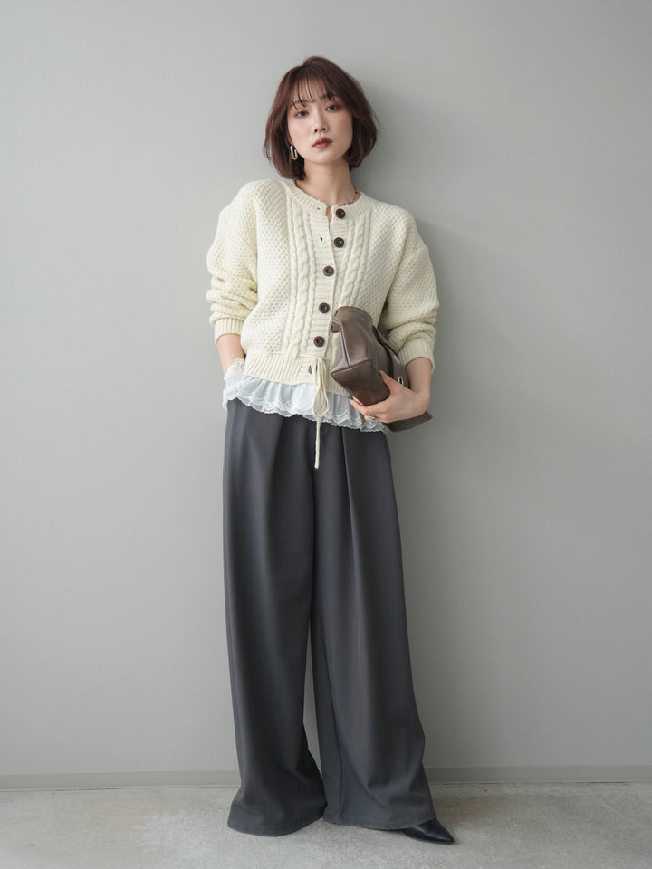 [SET]裾レースケーブルニットカーディガン+ベルトループデザインワイドパンツ(2set)
