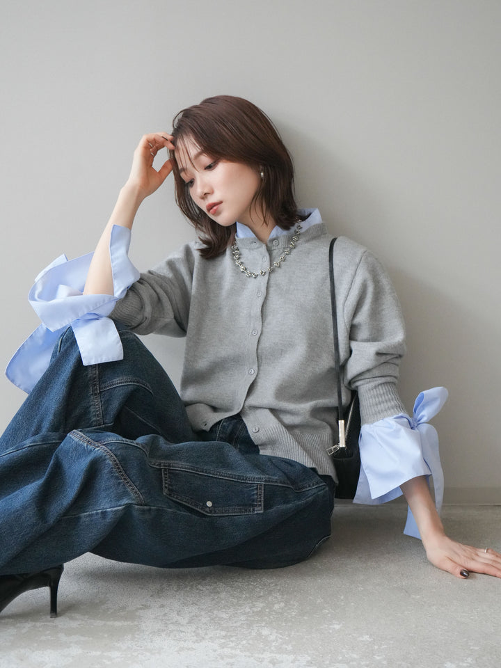 [予約]ウールライクリボンシャツカーディガン/gray