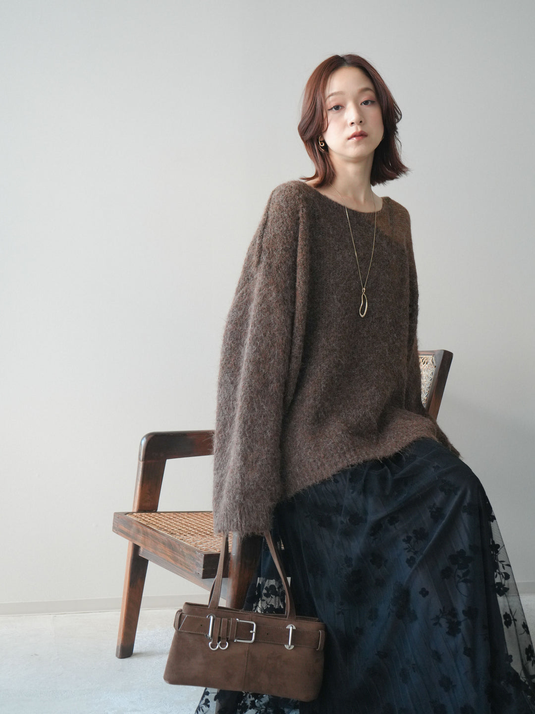 [SET]透かしデザインニットプルオーバー+フラワーフロッキーチュールプリーツスカート(2set)