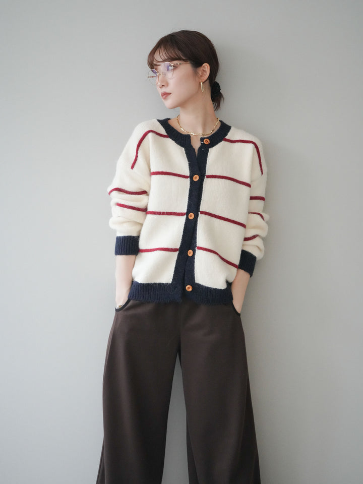 [予約]配色ボーダーニットカーディガン/red