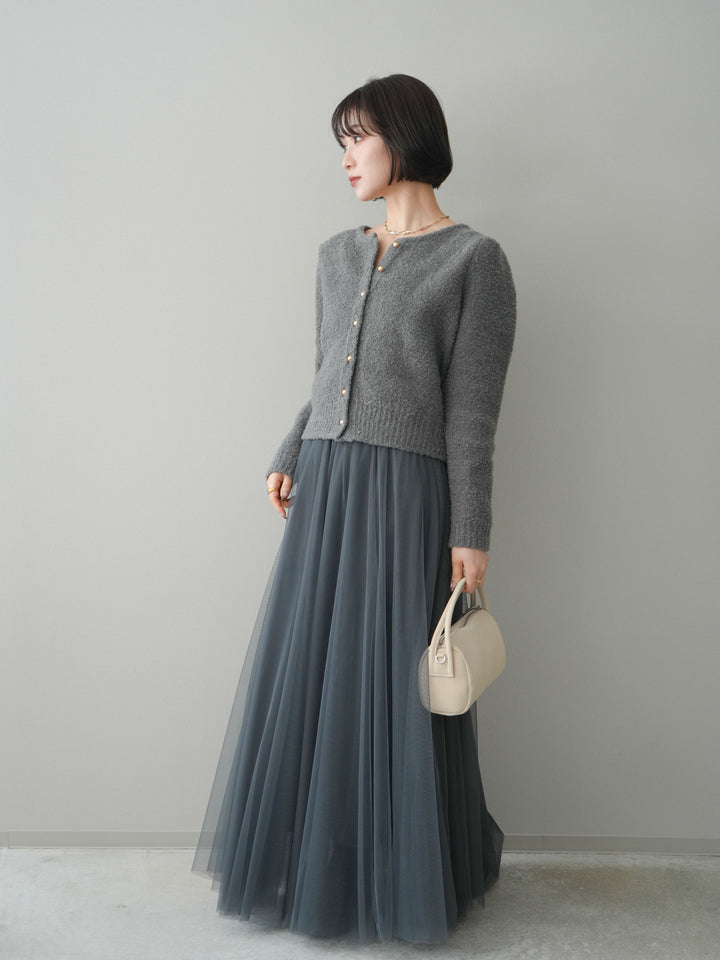 [SET]ゴールドボタンブークレニットカーディガン+チュールボリュームスカート(2set)
