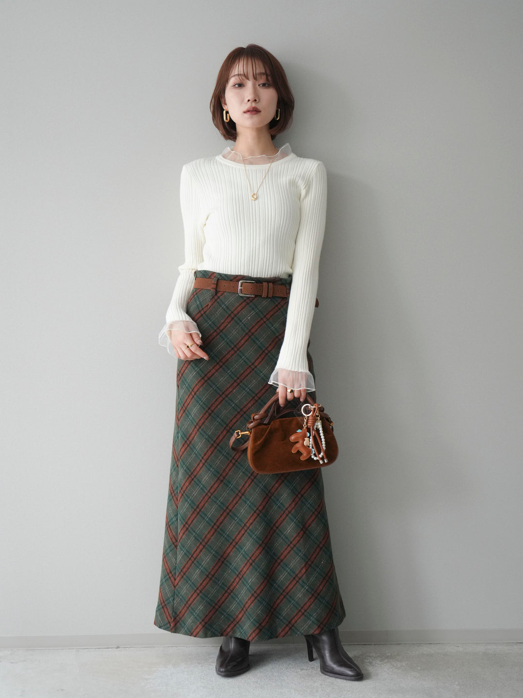 [SET]チュールドッキングリブニットトップス+ベルト付チェック柄ナロースカート(2set)