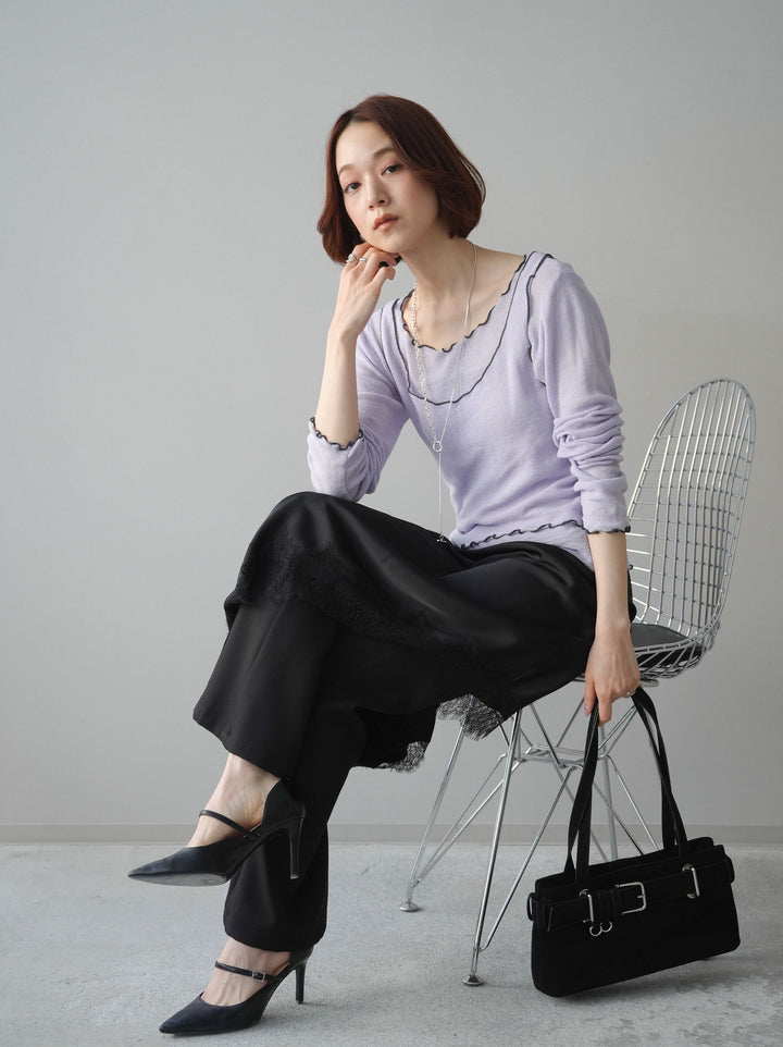 [SET]センターシームフレアパンツ+サテンライクアシメレーススカート(2set)