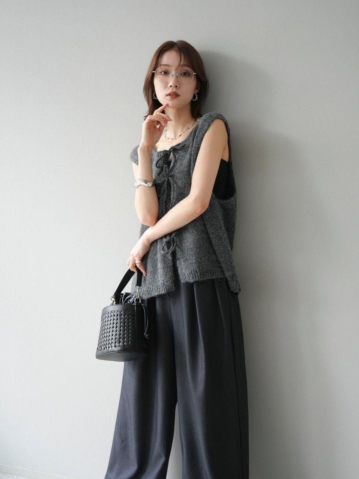 [予約]フロントスリットリボンニットベスト/グレー