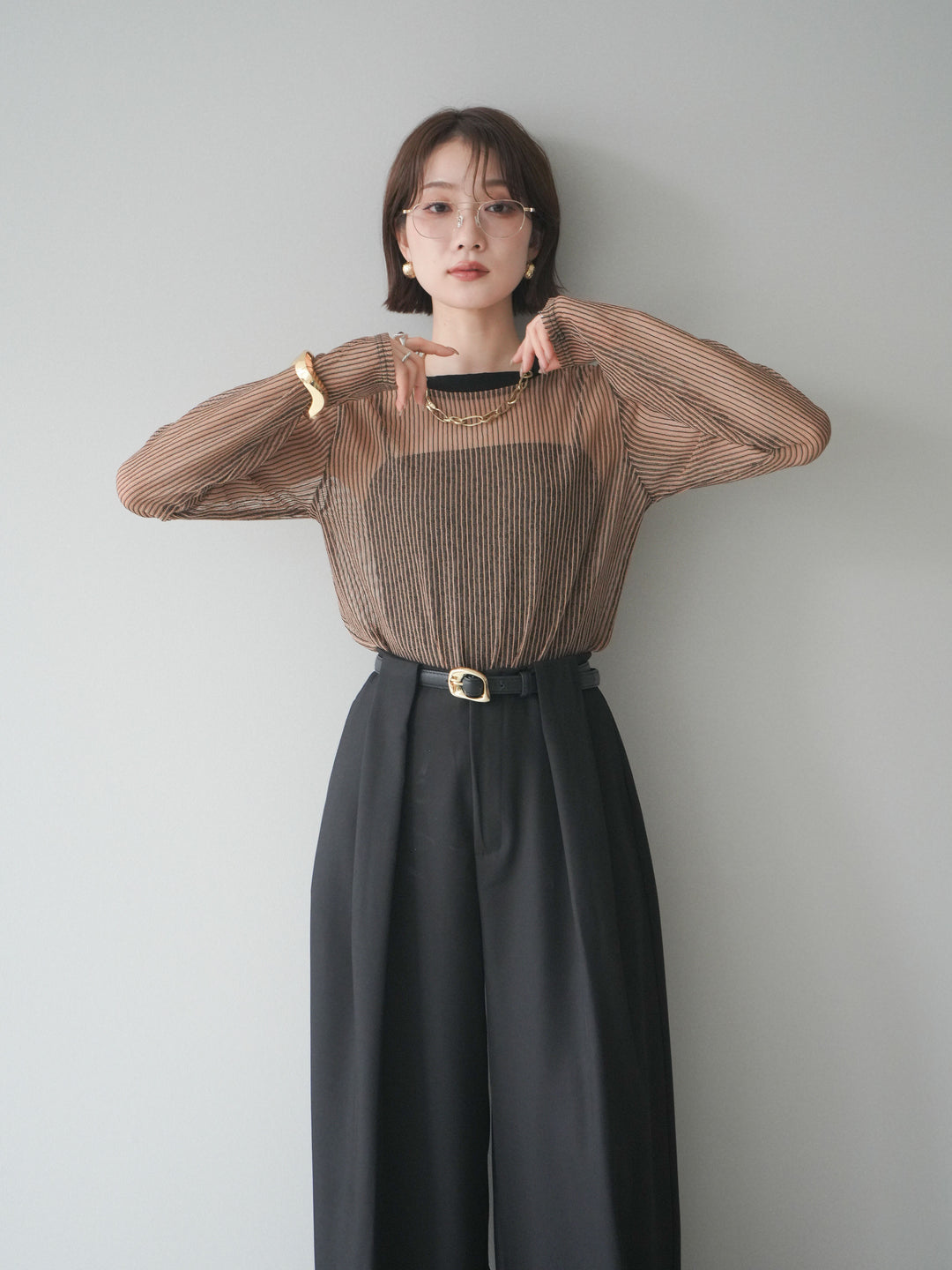 [SET]シアーストライプメッシュトップス+ドレープタックベルトループパンツ(2set)