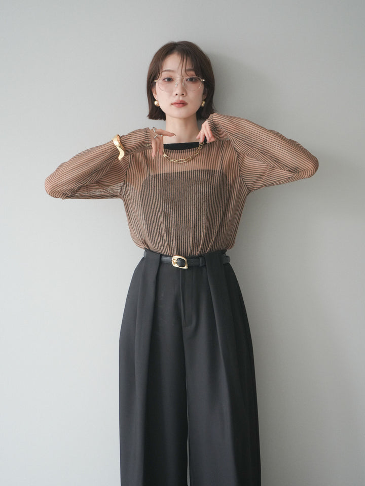 [SET]シアーストライプメッシュトップス+ドレープタックベルトループパンツ(2set)
