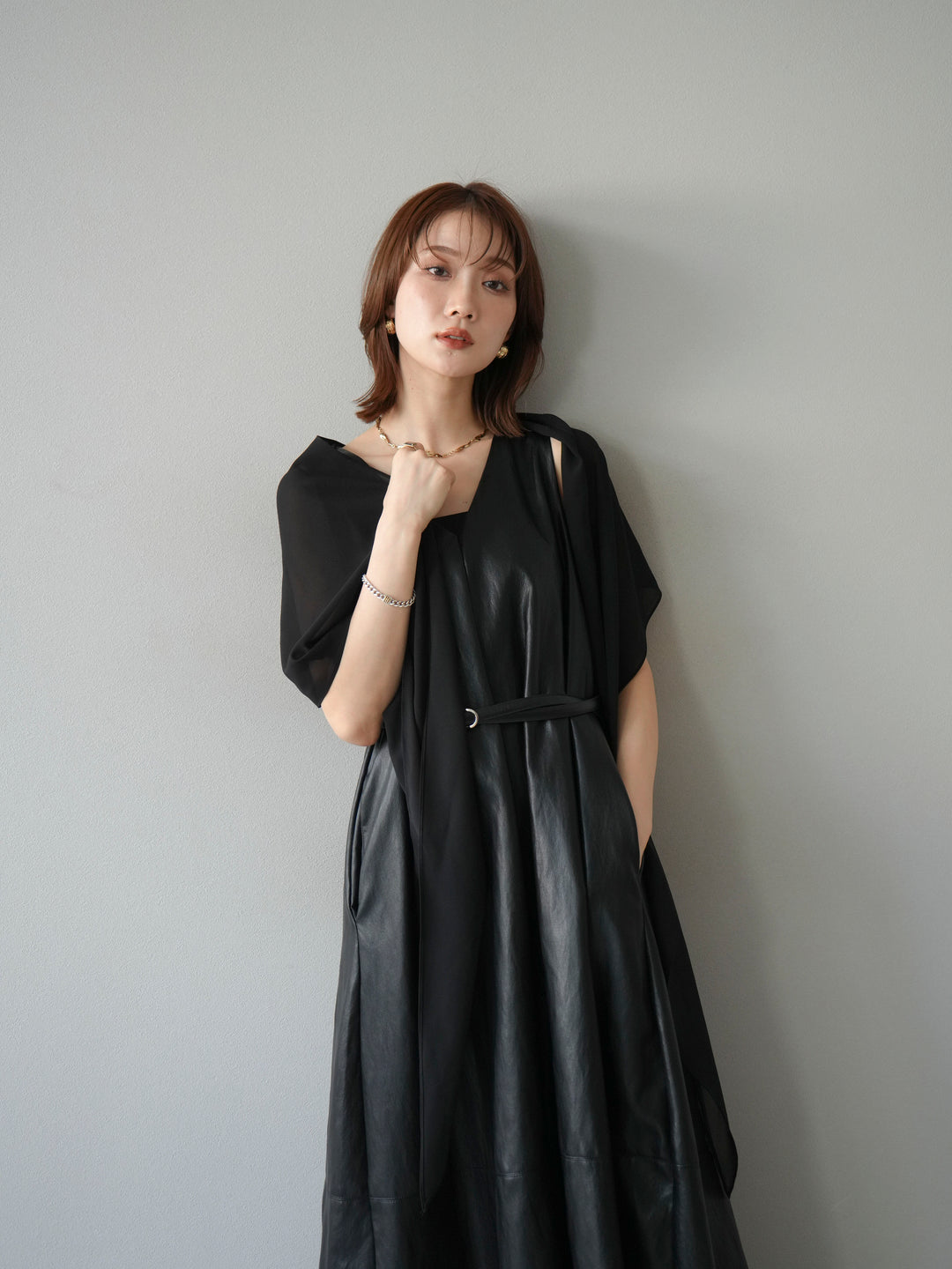 [予約]レザーAラインワンピース/ブラック