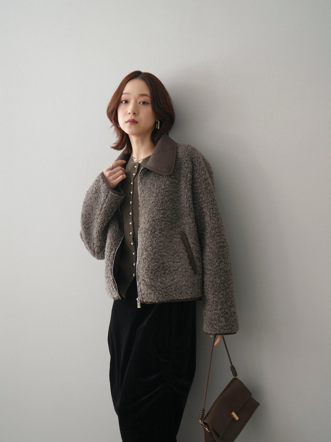 [予約]スエード襟ボアショートジャケット/brown