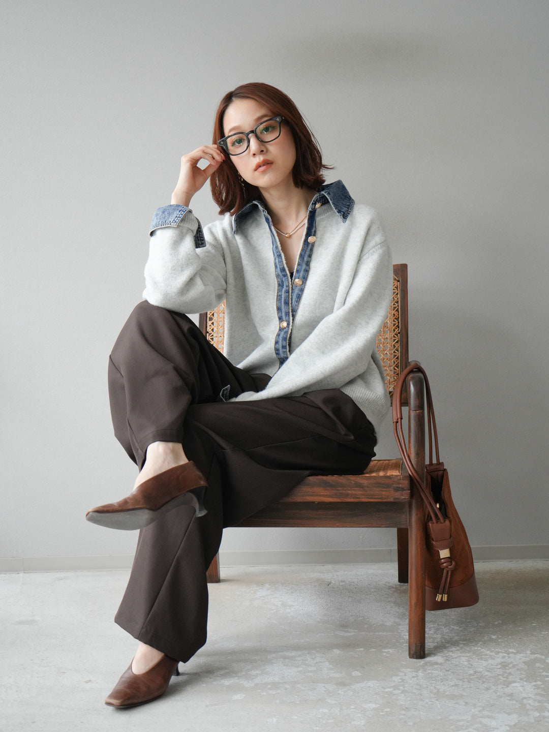 [SET]デニム襟ボタンニットカーディガン+エステルタックワイドパンツ(2set)