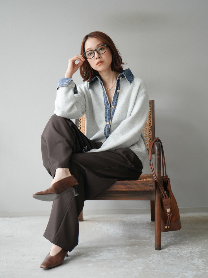 [SET]デニム襟ボタンニットカーディガン+エステルタックワイドパンツ(2set)