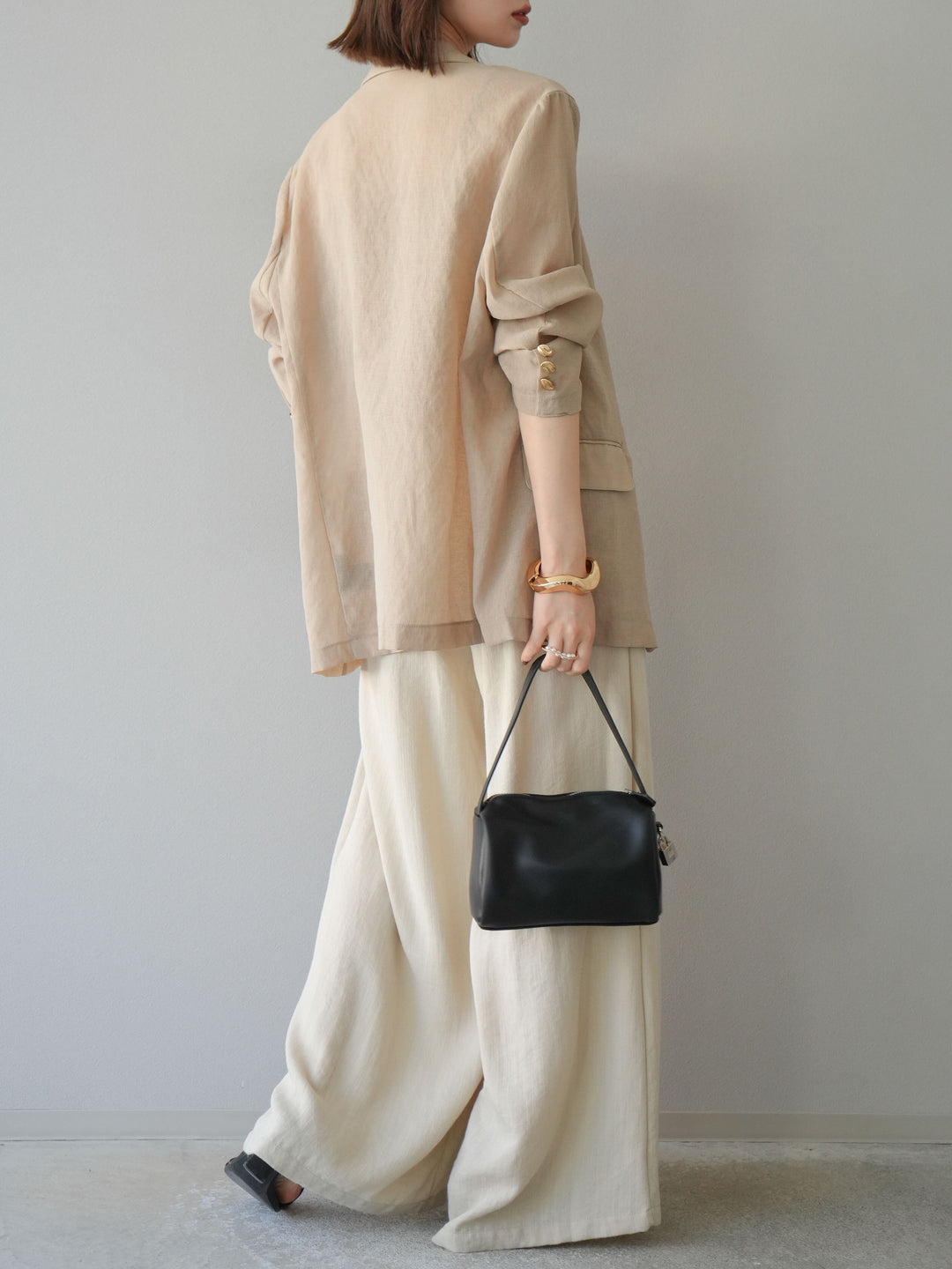 【預購】繩紋設計腰帶亞麻觸感寬褲/米色