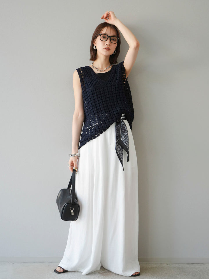 [予約]レースアップクロシェ編みニットベスト/ネイビー