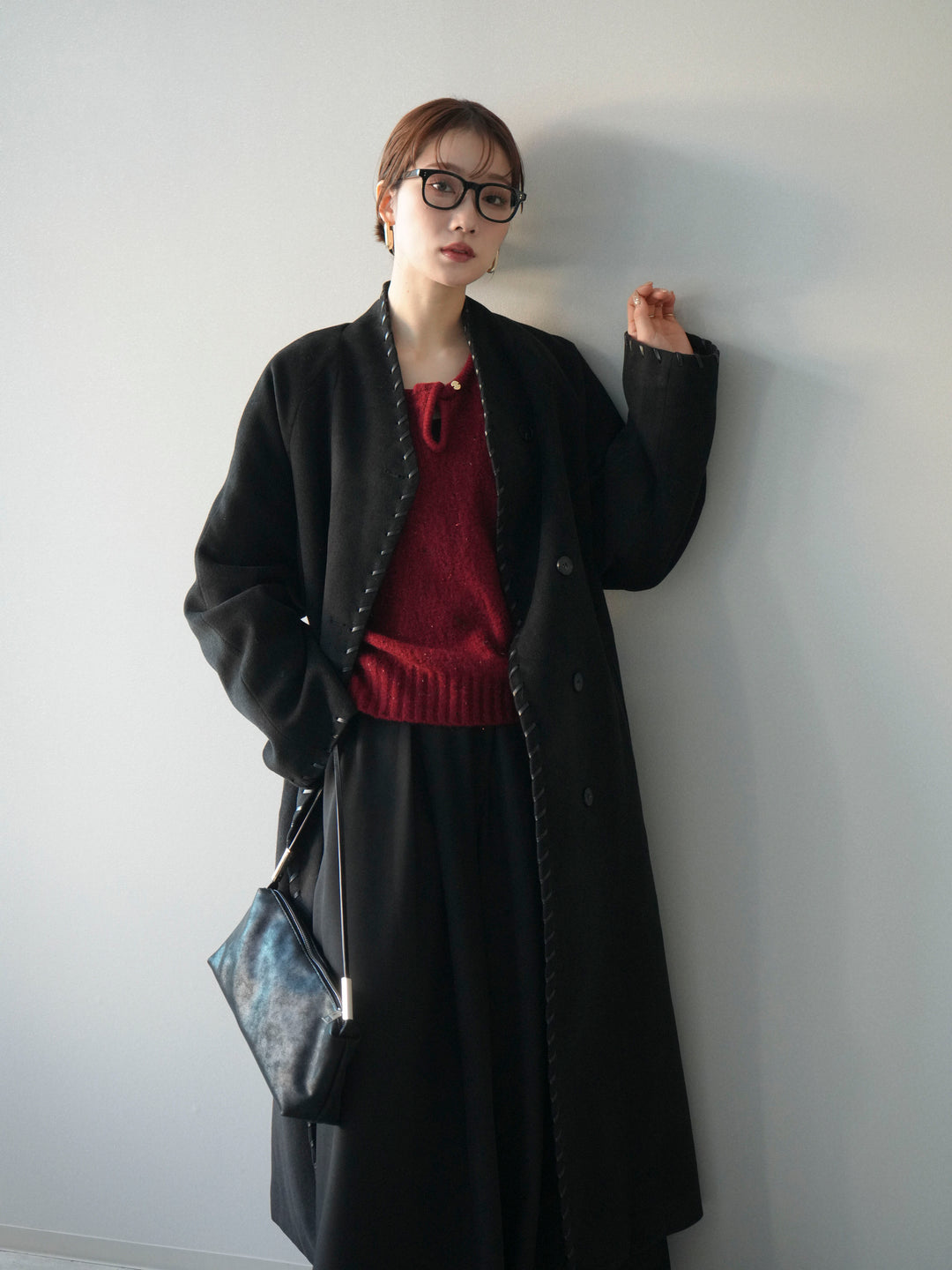 [予約]ハンドステッチ裏中綿ロングコート/black