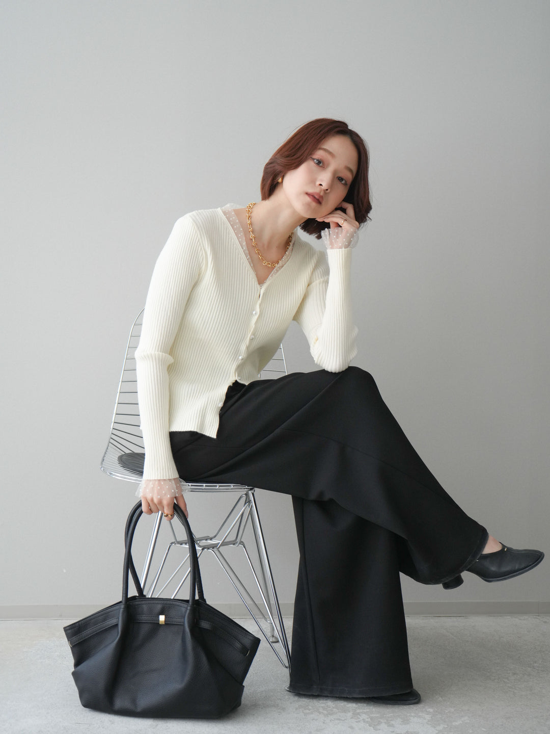 [SET]チュールドッキングパールボタンニットカーディガン+選べるアクセセット(2set)