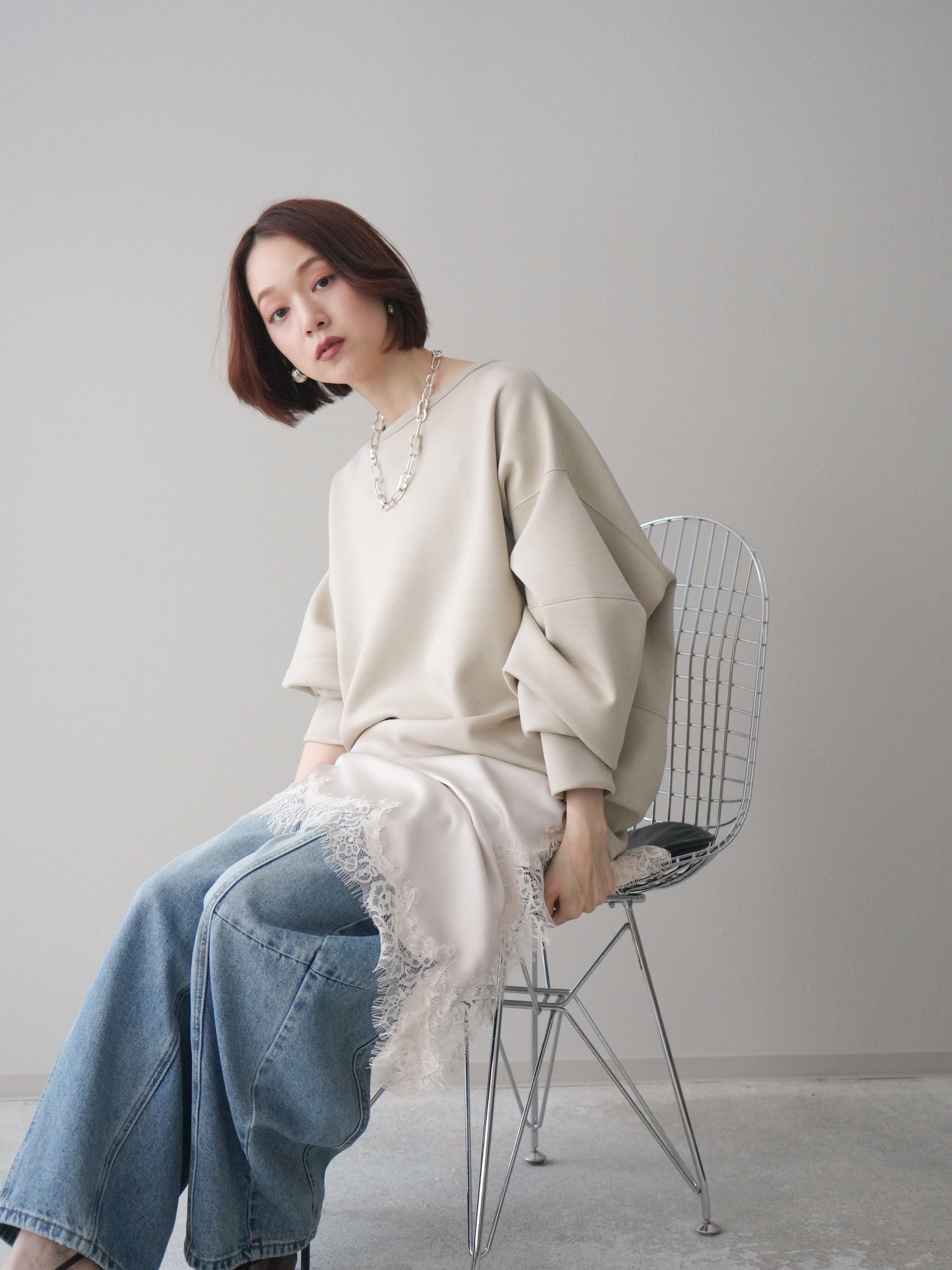 SET]ライトポンチコクーンプルオーバー+アシンメトリーサテンレース