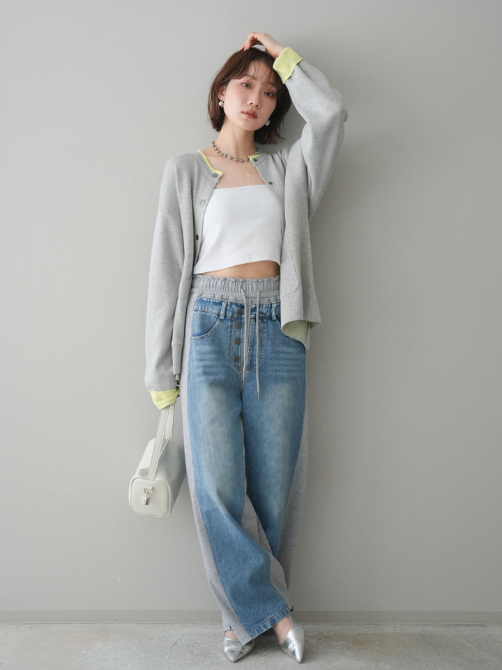 [SET]バイカラーオーバーニットカーディガン+デニム切替スウェットパンツ(2set)