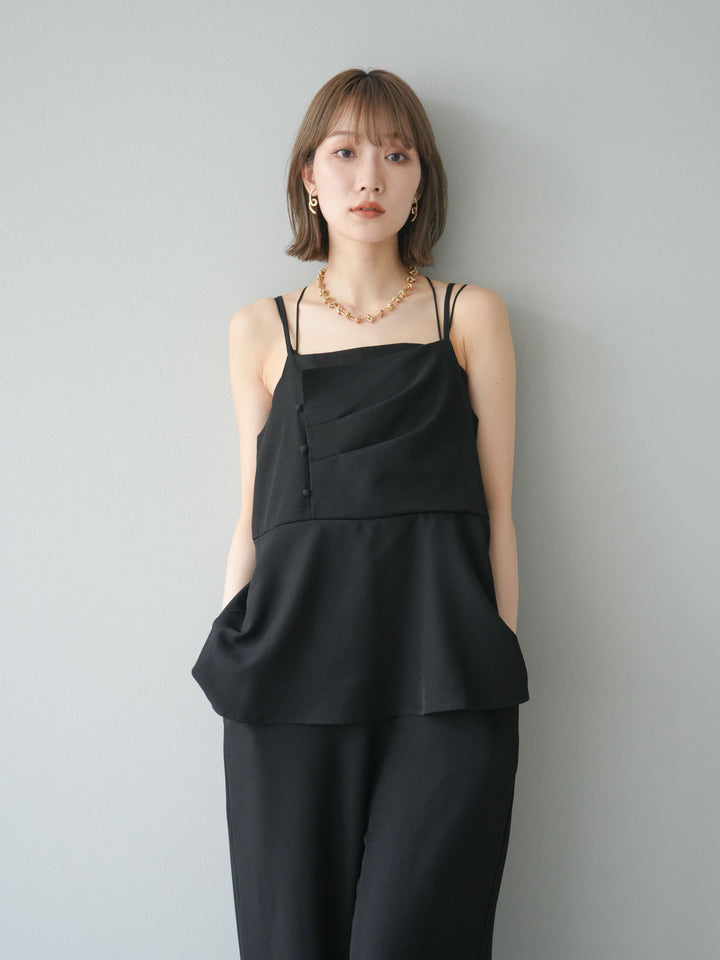 [預購] 亞麻觸感多層吊帶連身衣/黑色