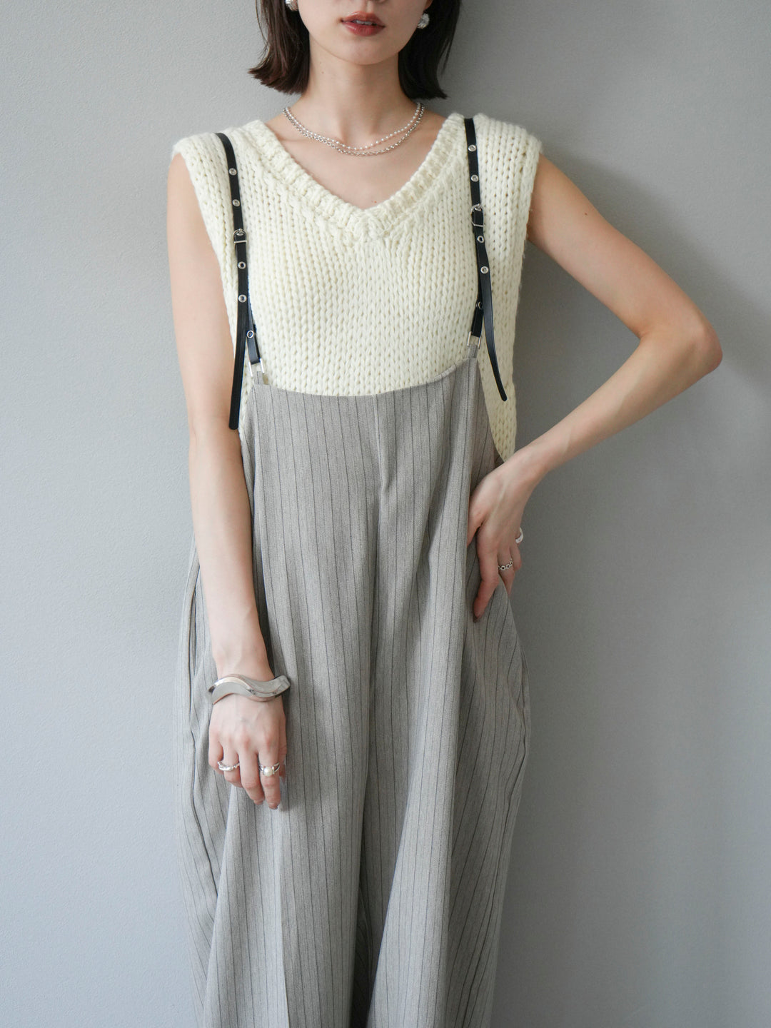 [予約]ヘリンボーンストライプサロペット/グレージュ