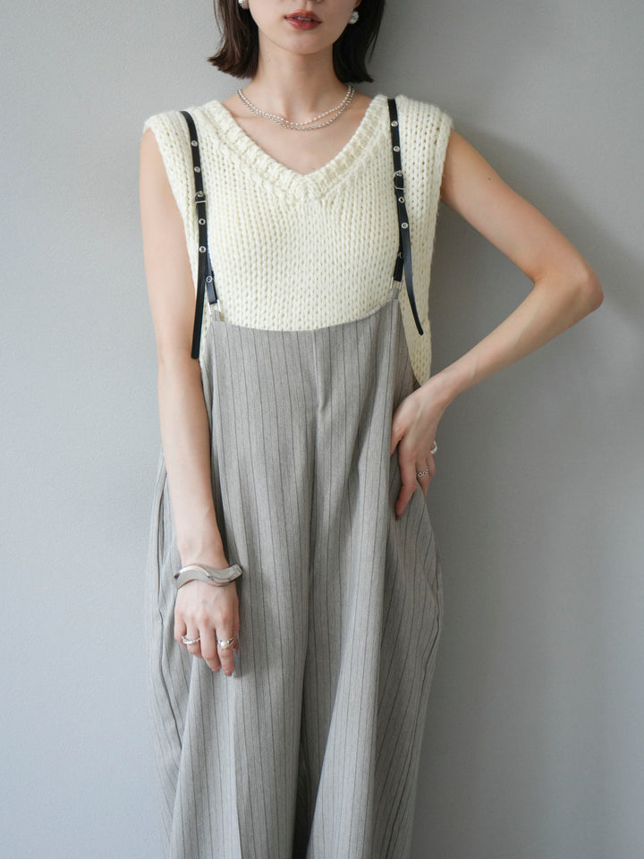 [予約]ヘリンボーンストライプサロペット/グレージュ