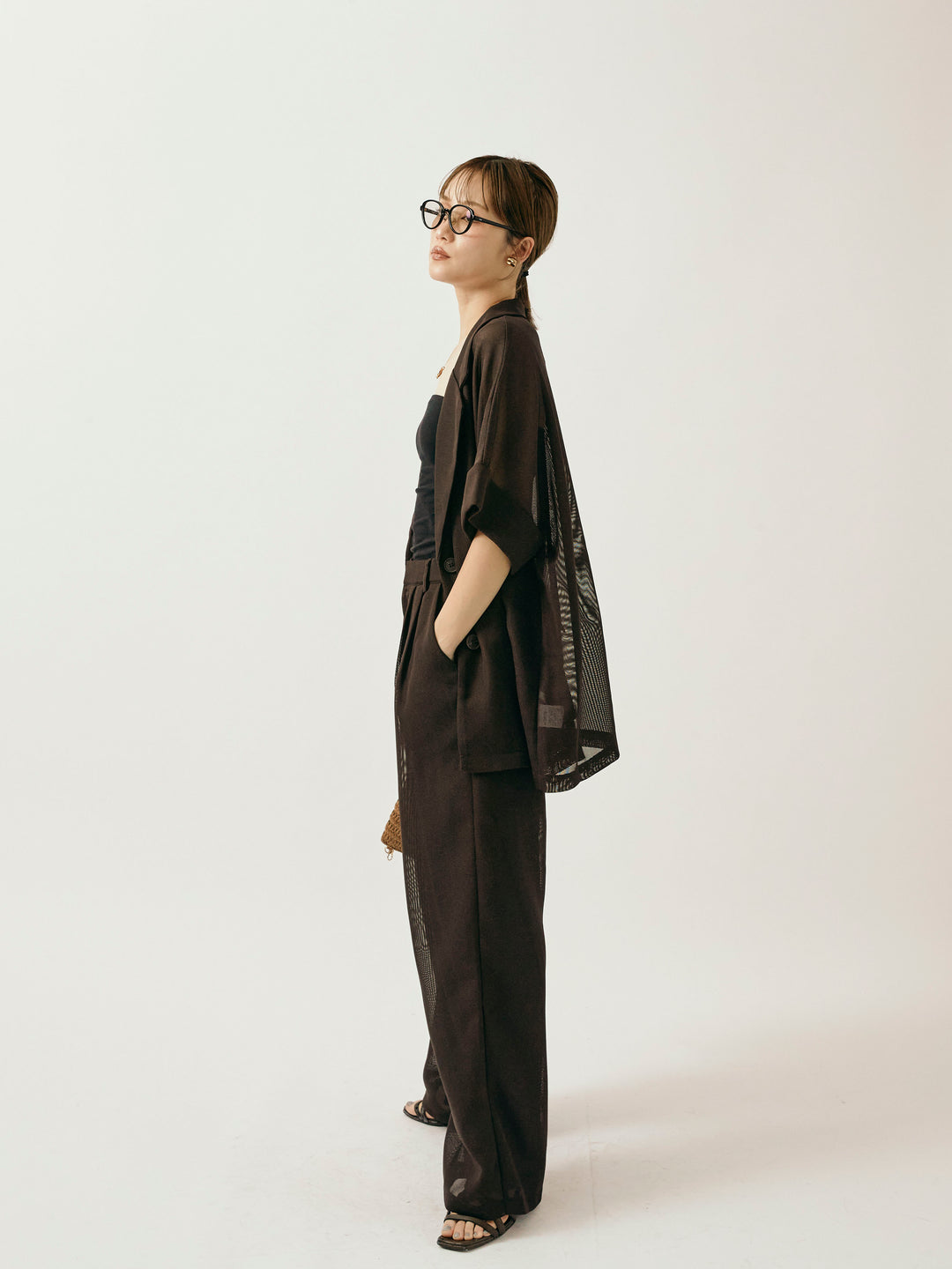 [予約]メッシュタックワイドパンツ/ブラウン