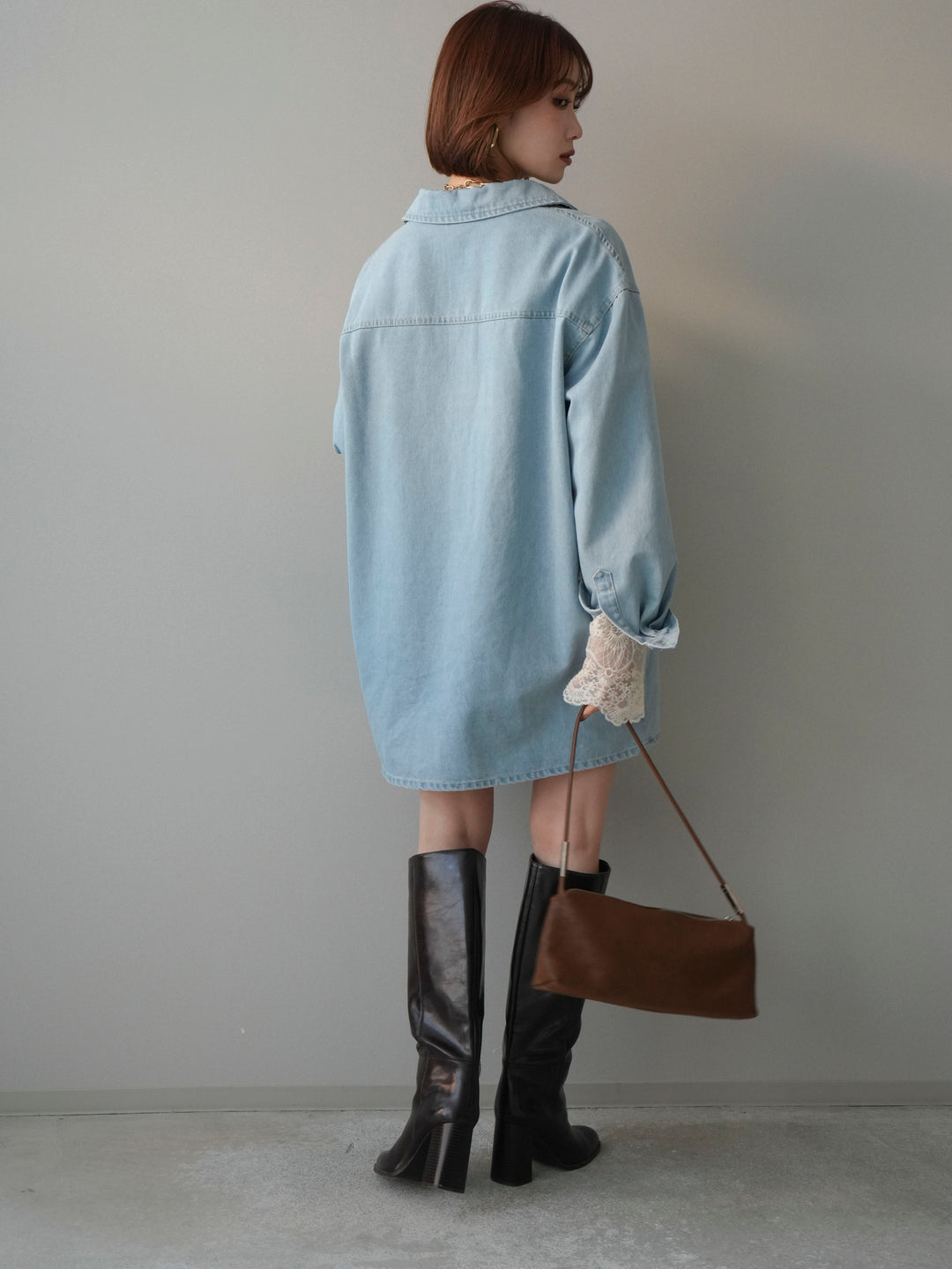 [SET]ハーフジップデニムミニワンピース+チュールレーストップス(2set)