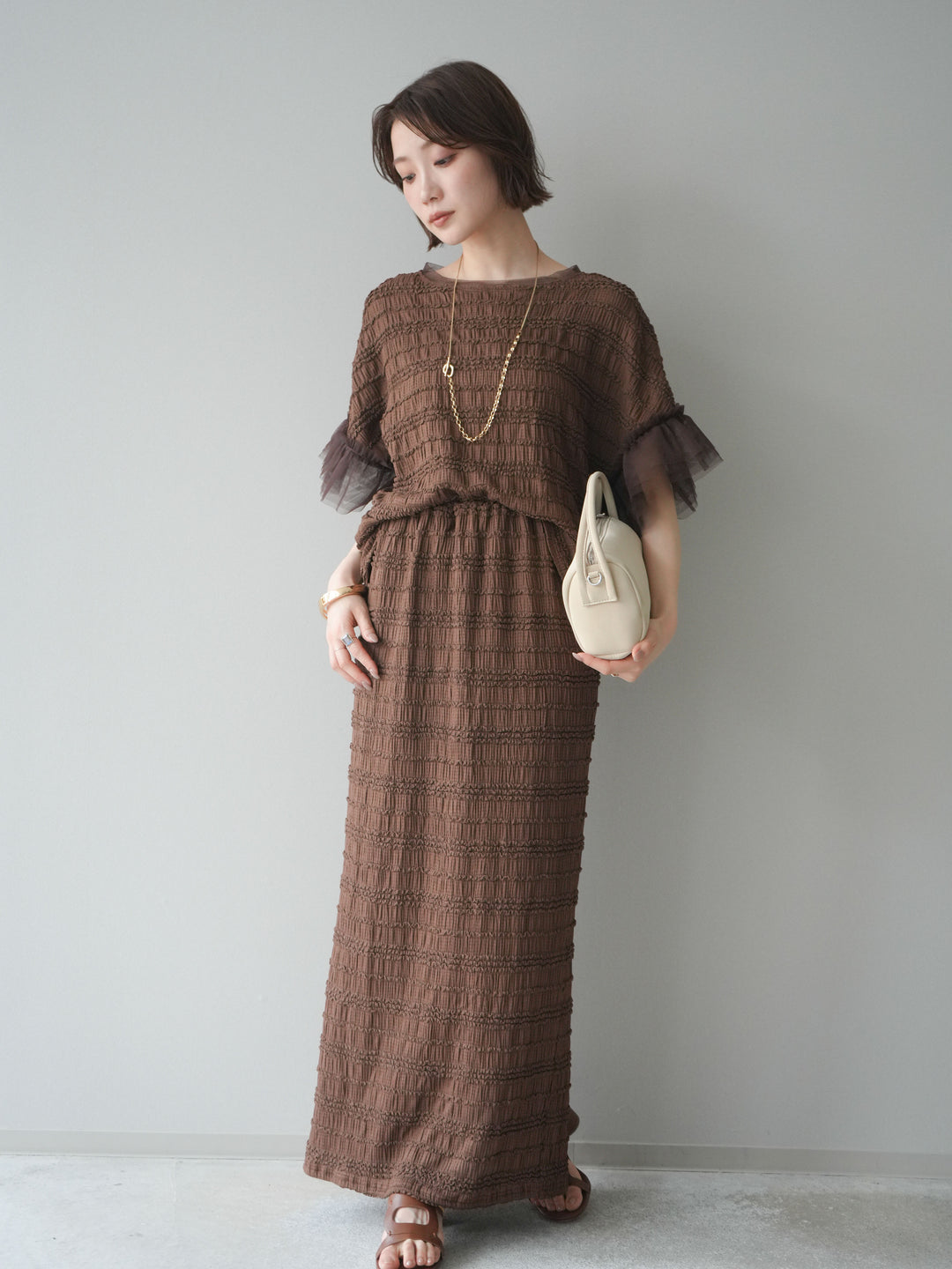 [SET]チュール袖リップルトップス+リップルIラインスカート(2set)