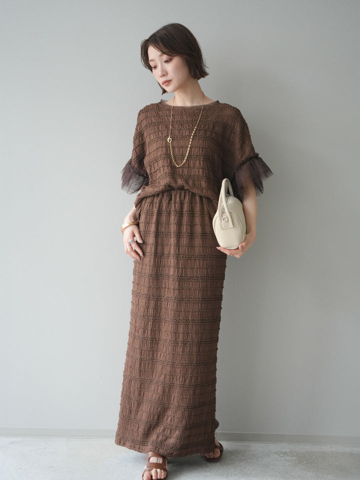 [SET]チュール袖リップルトップス+リップルIラインスカート(2set)