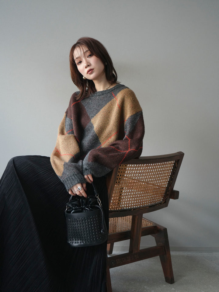 [SET]配色ステッチアーガイル柄ニットプルオーバー+配色ステッチアーガイル柄ニットプルオーバー(2set)