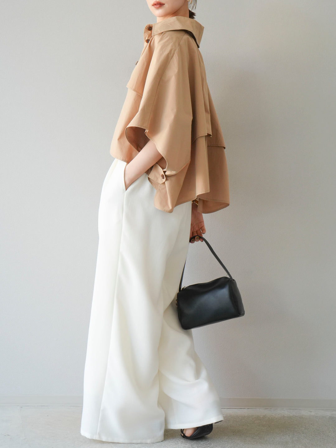 [SET]ポンチョショートシャツ+リネンライクイージーワイドパンツ(2set)