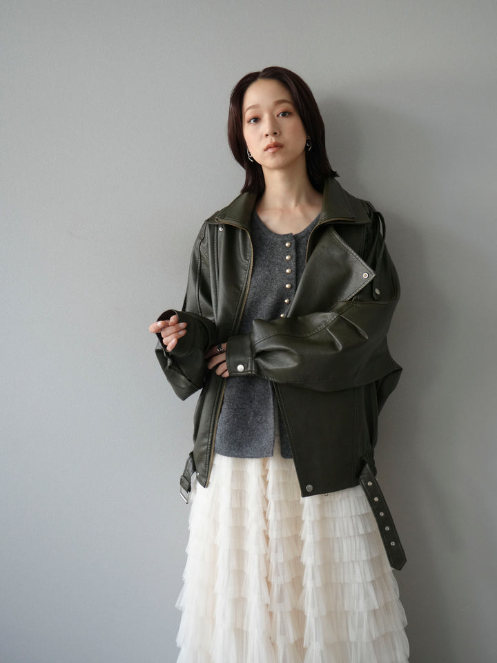 [予約]スタンドカラーフェイクレザーブルゾン/カーキ