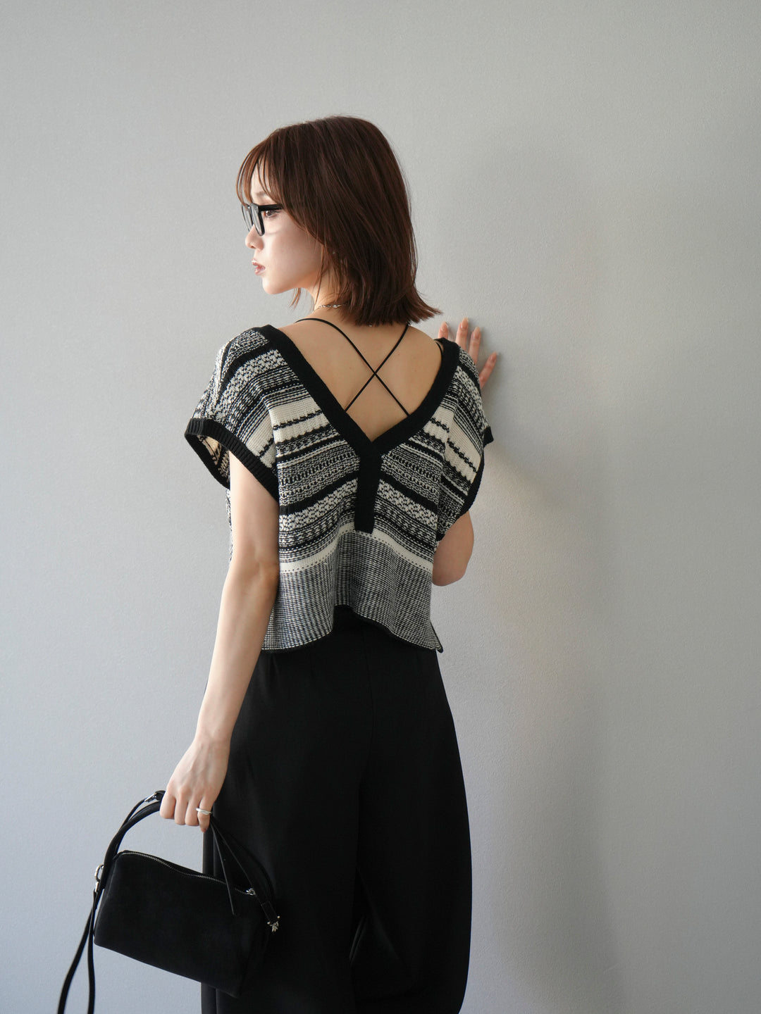 [予約]ガーター編み2WAYニットベスト/ホワイト×ブラック