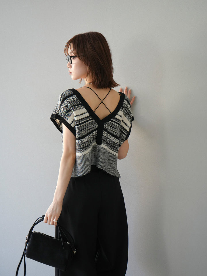 [予約]ガーター編み2WAYニットベスト/ホワイト×ブラック