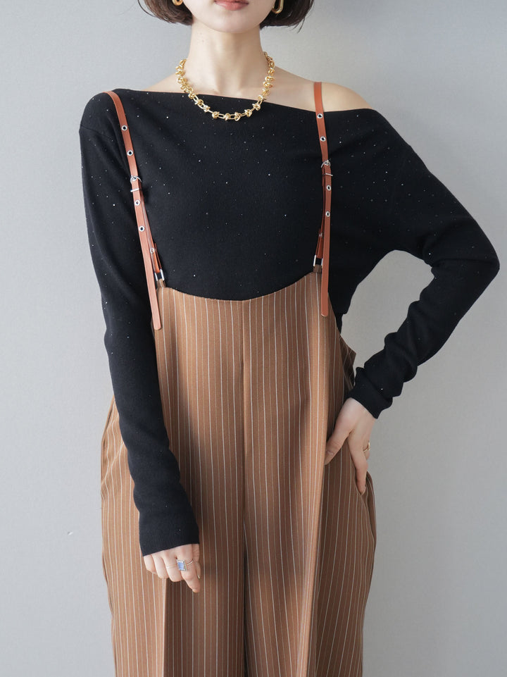 [予約]ヘリンボーンストライプサス付サロペット/goldbrown