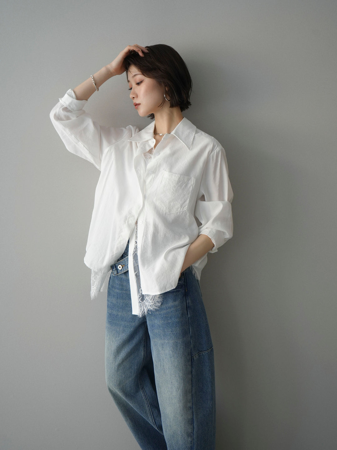 [SET]レイヤードデザイン裾レースブラウス+レイヤードデザイン裾レースブラウス(2set)