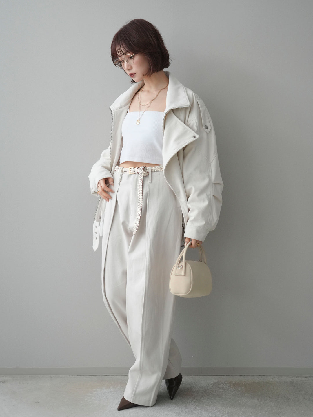 [SET]コーデュロイライダース裾レースブルゾン+コットンツイルカーブパンツ(2set)