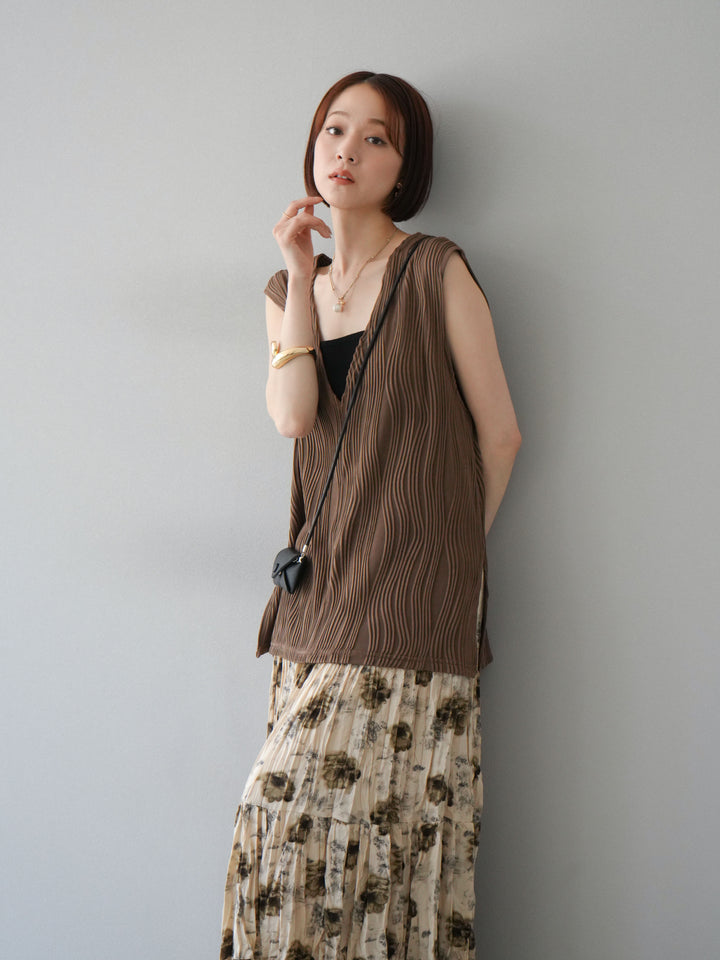 [SET]ウェーブパイピングVネックベスト+フラワーワッシャーロングスカート(2set)