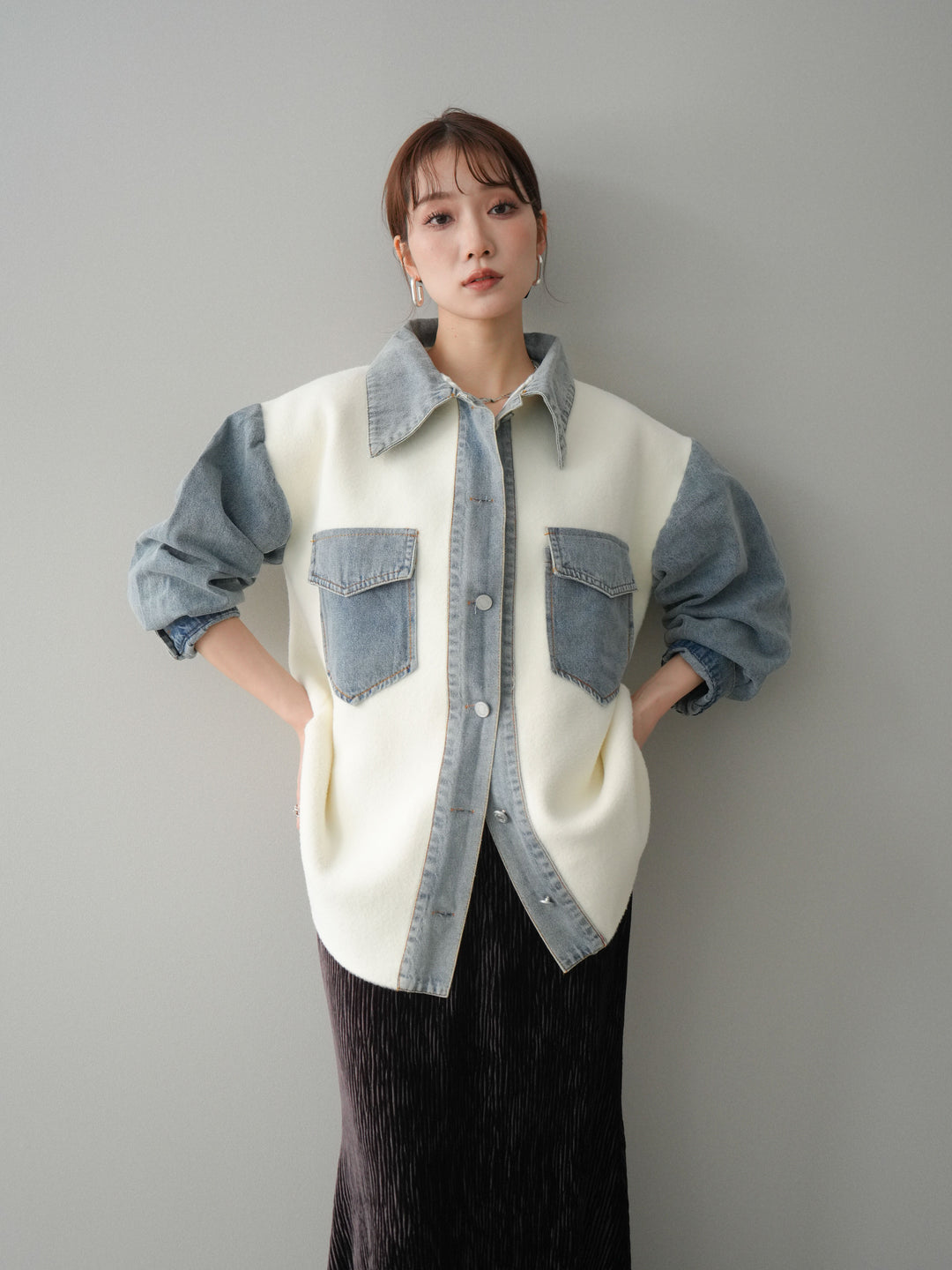 [予約]デニム襟ダブルフェイスニットカーディガン/white