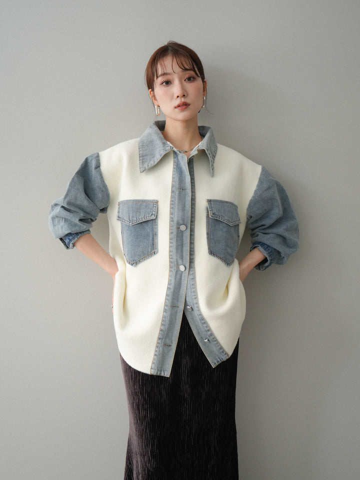 [予約]デニム襟ダブルフェイスニットカーディガン/white