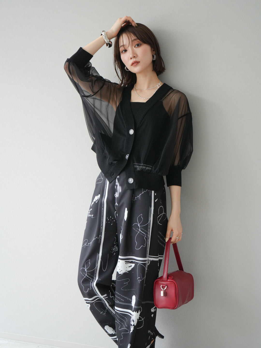 [SET] 透視半袖褶皺開襟衫 + 彩繪圖案褶襉褲 (2set)