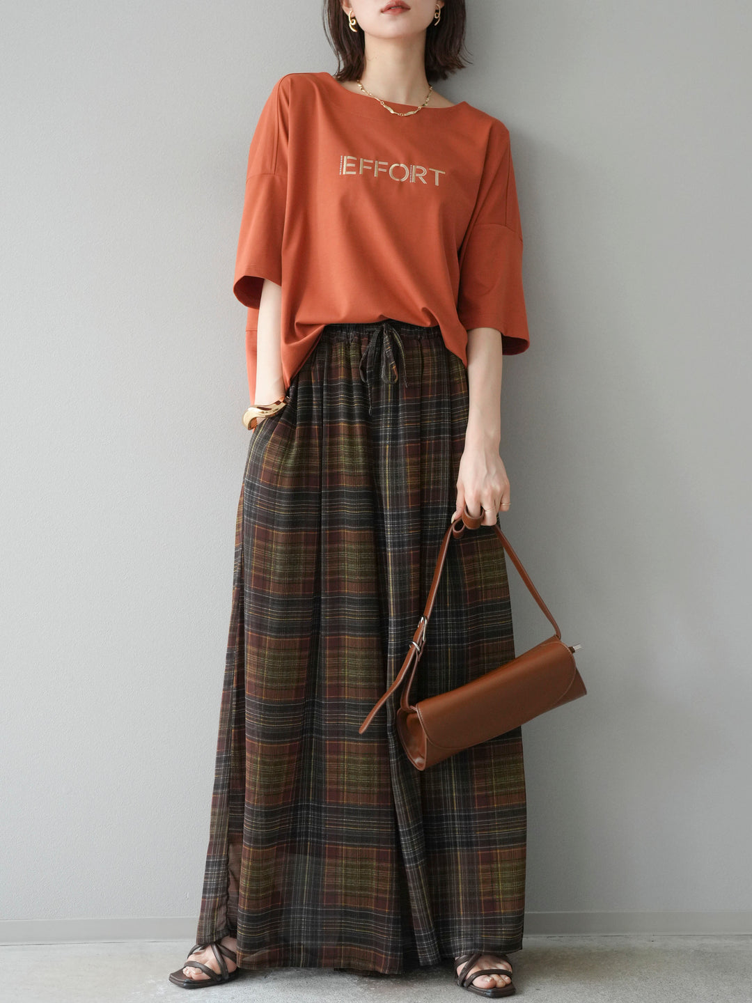 [予約]異素材メタリックロゴ刺繍×プリントTシャツ/オレンジ