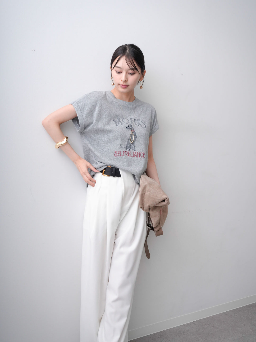 [SET]ドッグエンブロイダリーTEE+アシンメトリーベルトタックワイドパンツ(2set)