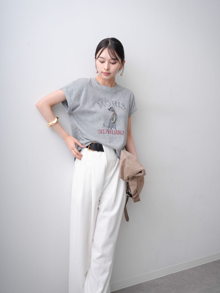 [SET]ドッグエンブロイダリーTEE+アシンメトリーベルトタックワイドパンツ(2set)
