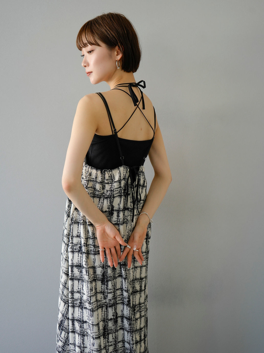 [SET] Paint check print cami dress + double strap cut rib bra camisole (2set)